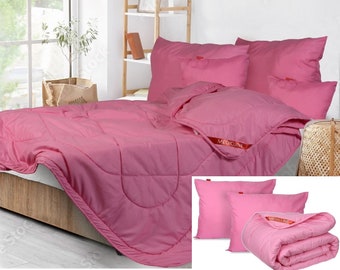 2 pillows + duvet set, year-round pink microfiber