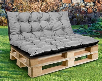 2 garden cushions for a bench made of Euro pallets, a swing, a backrest, a waterproof seat with tied strings