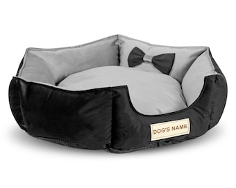 VELOUR dog bed, non-slip, removable, GRAY, BLUE, personalization