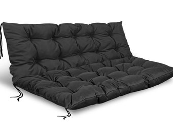 2 coussins de jardin pour banc en palettes Euro 120x80+120x40 cm, balançoire, dossier, assise imperméable, couleur Noir, avec ficelles nouées