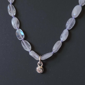 Hand Knotted Moonstone Diamond Charm Necklace: Sterling Silver, Silk Thread