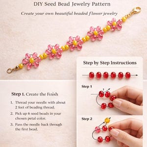 Peut inclure: Image d'un tutoriel de bricolage pour créer des bijoux de fleurs perlées. Le tutoriel comprend des instructions étape par étape et un exemple de chaîne de fleurs perlées avec des perles roses et jaunes. Le texte sur l'image indique "Beaded Flower Chain Tutorial".