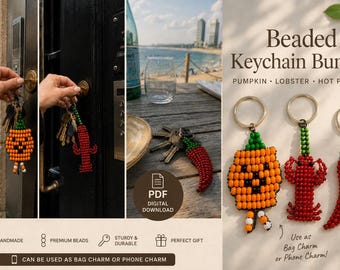 Beaded Keychain Pattern Bundle PDF Pumpkin Lobster Hot Pepper Charm DIY Bead Craft Tutorial Bag Charm Phone Charm