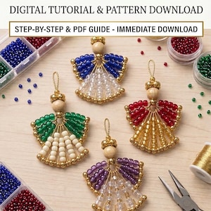 May include: DIY beaded angel ornaments made with safety pins. The image shows four colorful angel ornaments with beaded wings in blue, green, red, and purple. The text reads "DIY Beaded Safety Pin Angel Ornaments" and "Digital Tutorial & Pattern Download".