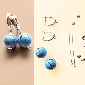 May include: A set of turquoise blue gemstone earrings with silver hoops and earring backs. The earrings are made with round turquoise blue gemstones with silver accents. The set also includes two silver earring hoops, two silver earring backs, two silver jump rings, and two silver earring wires.