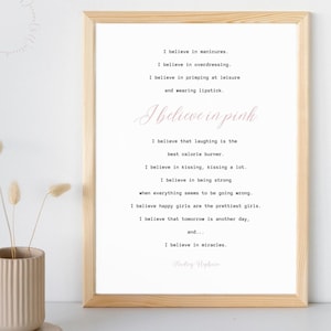 Audrey Hepburn Quote Printable, I Believe in Pink Audrey Hepburn Print, Blush Wall Art, Feminine Wall Art