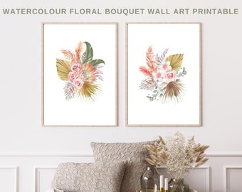 Set de láminas de acuarela con ramo de flores rosas, arte mural para habitación infantil (descarga digital)