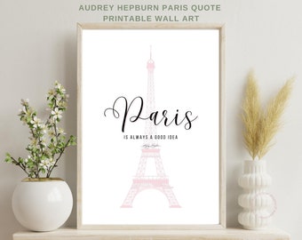 Audrey Hepburn Quote Print, Paris is Always a Good Idea Print, Blush Pink Wall Art