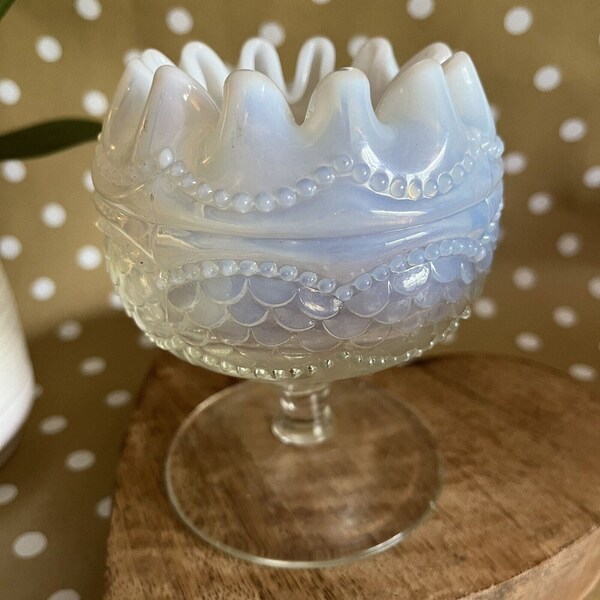Antique Pearls & Scales Rose Bowl Ruffled White Opalescent Jefferson Glass EAPG