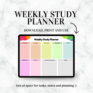 May include: A colorful weekly study planner with sections for Monday through Sunday, tasks, and notes. The planner has a bright, modern design with a rainbow color scheme.