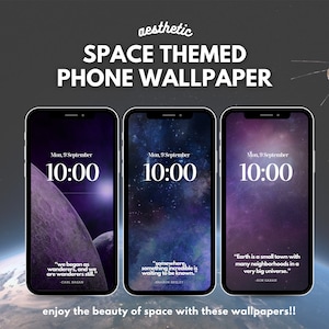 Pode incluir: Três papéis de parede para telefone com tema espacial. O primeiro papel de parede apresenta um planeta roxo e azul com uma citação de Carl Sagan. O segundo papel de parede apresenta um fundo azul escuro com uma citação de Sharon Begley. O terceiro papel de parede apresenta um fundo roxo escuro com uma citação de Ron Garan.