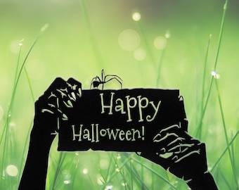 Happy Halloween Metal Garden Sign, Cemetery Halloween Garden Stakes, Grave Yard Art, Outdoor Sign, Halloween Metal Gift, Zombie Hands Decor
