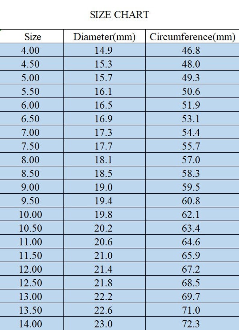 Puede incluir: Una tabla de tallas para anillos, que muestra el di&aacute;metro y la circunferencia en mil&iacute;metros. La tabla enumera las tallas del 4,00 al 14,00.