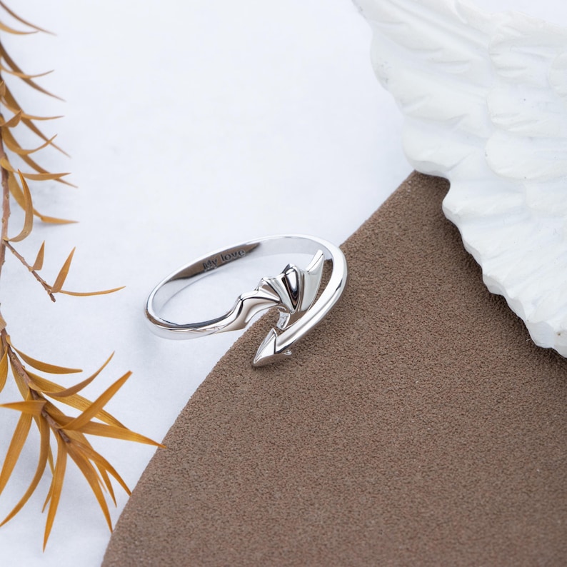 Anillo de alas de ángel personalizado, anillo abierto gótico de dragón diablo punk, anillos abiertos de flecha de dragón, anillos de promesa ajustables, anillos para él, anillo de pareja personalizado imagen 4