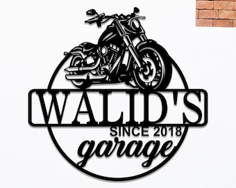 May include: Black and white silhouette of a motorcycle with the text "WALID'S garage since 2018" in a circle.