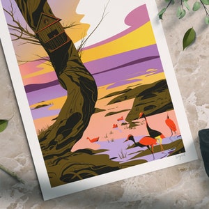 La casa de pájaros / Casa de pájaros, 30x40cm, A4 y 13x18cm - Atardecer - Impresión artística, Ilustración