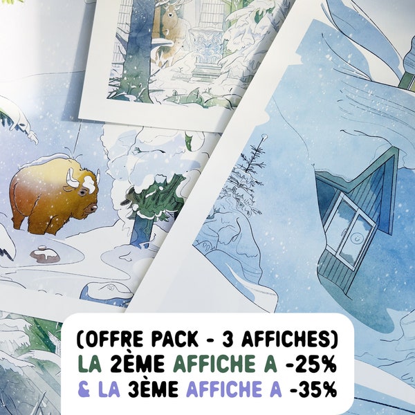 Triptyque, Rêve enneigé / Snowy dream, A3, A4 et 13 x 18 cm - Pack 3 affiches - Tirage d'art, Fine Art Print, Illustration