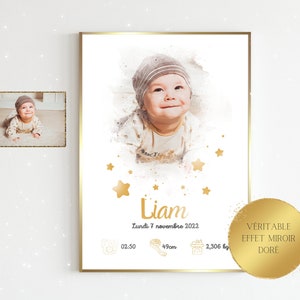 Affiche de naissance personnalisée A4 - Photo portrait de bébé aquarelle - Motifs étoiles - Véritable feuille aluminium argent or rose gold