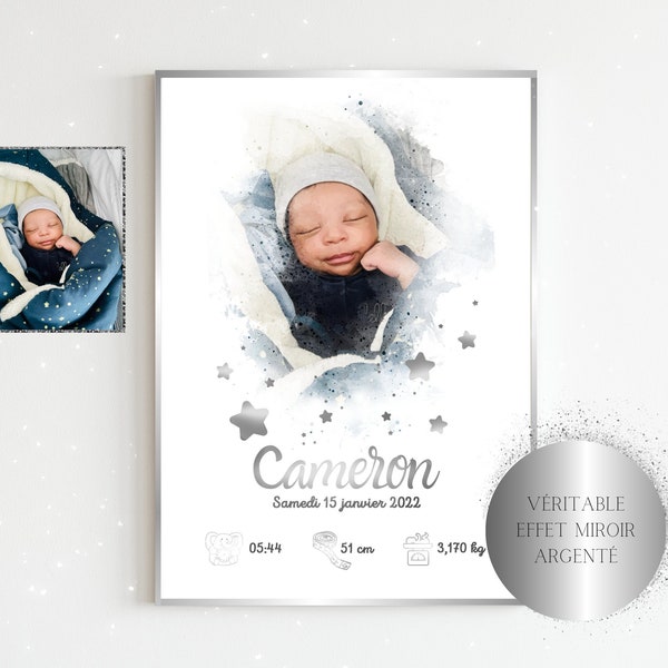 Affiche de naissance personnalisée A4 - Photo portrait de bébé aquarelle - Motifs étoiles - Véritable feuille aluminium argent or rose gold