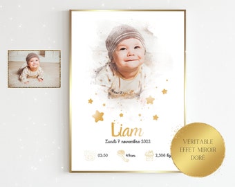 Affiche de naissance personnalisée A4 - Photo portrait de bébé aquarelle - Motifs étoiles - Véritable feuille aluminium argent or rose gold