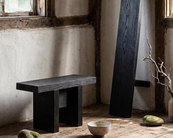 Handmade Black Wooden Bench 'BELER' Flower Stand Made from Pine, Black or Natural Finish, Wabi-Sabi Japandi, Handcrafted Minimalist Design