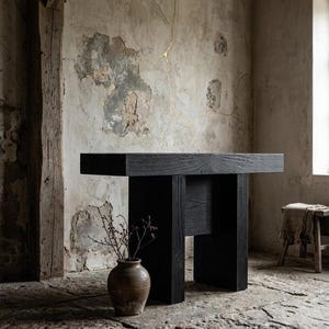 Könnte beinhalten: Ein schwarzer Holztisch mit rechteckiger Tischplatte und geometrischem Unterbau. Eine kleine, braune Keramikvase mit getrockneten Zweigen steht auf dem Boden. Der Raum hat eine rustikale, altertümliche Ästhetik mit strukturierten Wänden.