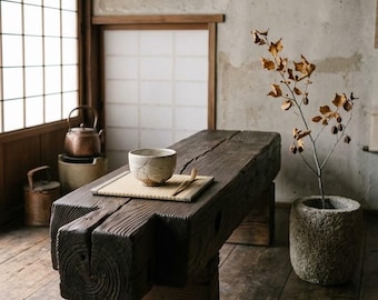 Handcrafted Wabi-Sabi Wooden Bench | Reclaimed Seasoned Pine | Minimalist Japandi Entryway & Living Room Bench | FuriDesign