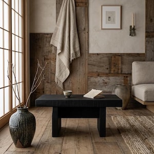 May include: A black coffee table with a small bowl and book. A large, textured vase with branches sits near a window. A beige throw blanket hangs on a wooden wall, creating a rustic, cosy interior.