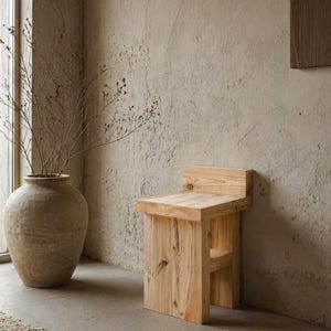 May include: A rustic wooden stool with a backrest. The stool is made of light-colored wood and has a simple, minimalist design. The stool is approximately 18 inches tall and 12 inches wide. It is placed in a room with a large vase and a neutral-toned wall.