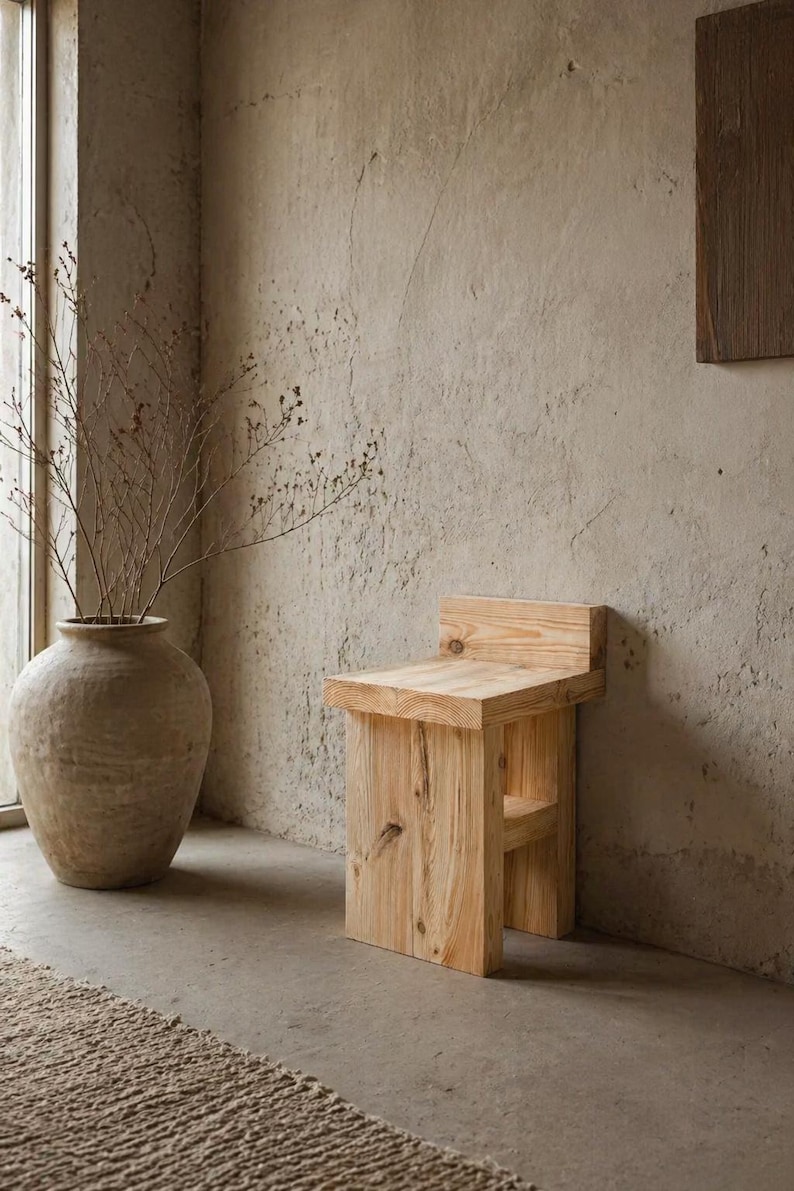 May include: A rustic wooden stool with a backrest. The stool is made of light-colored wood and has a simple, minimalist design. The stool is approximately 18 inches tall and 12 inches wide. It is placed in a room with a large vase and a neutral-toned wall.
