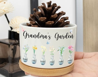 Pot de fleur de jardin de grand-mère personnalisé, cadeau de fête des mères, fleur du mois de naissance de la famille, cadeaux de Nana, pot de plante personnalisé de grand-mère, cadeau de jardinier Mimi