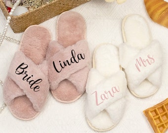 Custom Fluffy Bridesmaid Slippers,Name Bridal Slipper Gift,Bridal Shower|Wedding|Honeymoon Gifts,Gift For Mom,Gift For Women Bachelorette