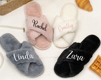 Custom Fluffy Bridesmaid Slipper,Bachelorette Party Gifts,Bride Slipper,Bridesmaid Gifts - Custom Slippers, Gifts for Her, Fluffy Slippers