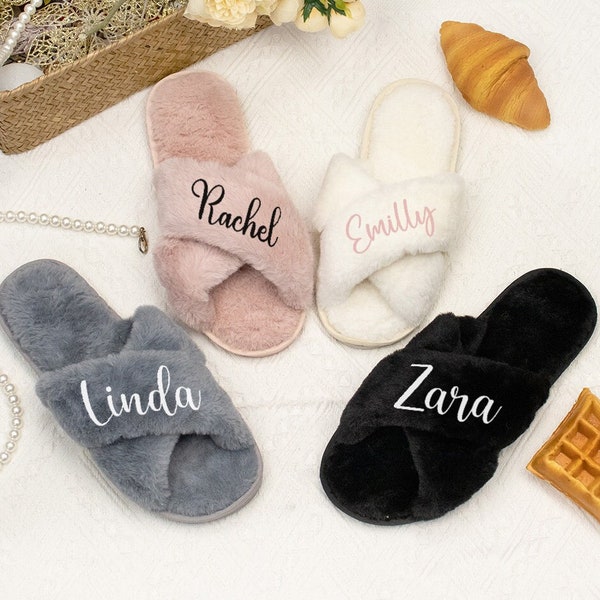 Custom Fluffy Bridesmaid Slipper,Bachelorette Party Gifts,Bride Slipper,Bridesmaid Gifts - Custom Slippers, Gifts for Her, Fluffy Slippers