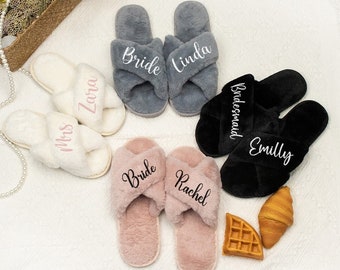 Bride Personalized Bridal Slipper, Custom Name Wedding Gifts, Fluffy Slippers, Honeymoon Gifts, Bachelorette party Gifts, Mother gifts