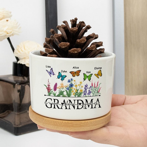 Personalized Gradma's Garden Butterfly Kids Name,Custom Ceramic Plant Pot,Grandma Nana Gifts, Succulent Plant Pot For Grandma Mom,Home Decor