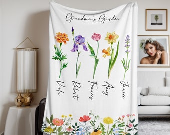 Custom Grandma's Garden Blanket,Custom Birthflower Blanket,Nana's Blanket With Kids Name,Gift for Grandma,Blanket for Mom,Mother's Day Gift