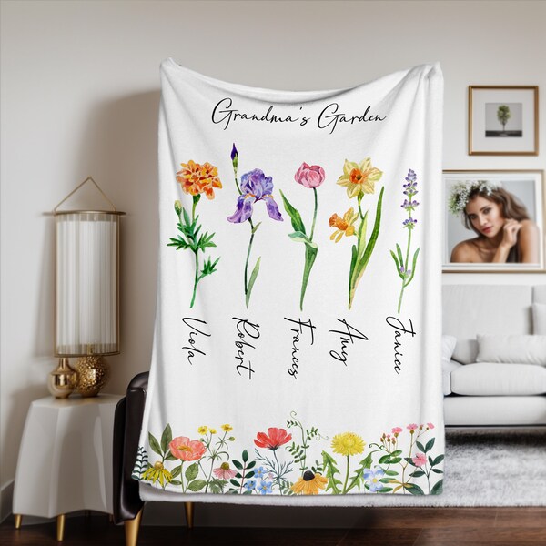 Custom Grandma's Garden Blanket,Custom Birthflower Blanket,Nana's Blanket With Kids Name,Gift for Grandma,Blanket for Mom,Mother's Day Gift