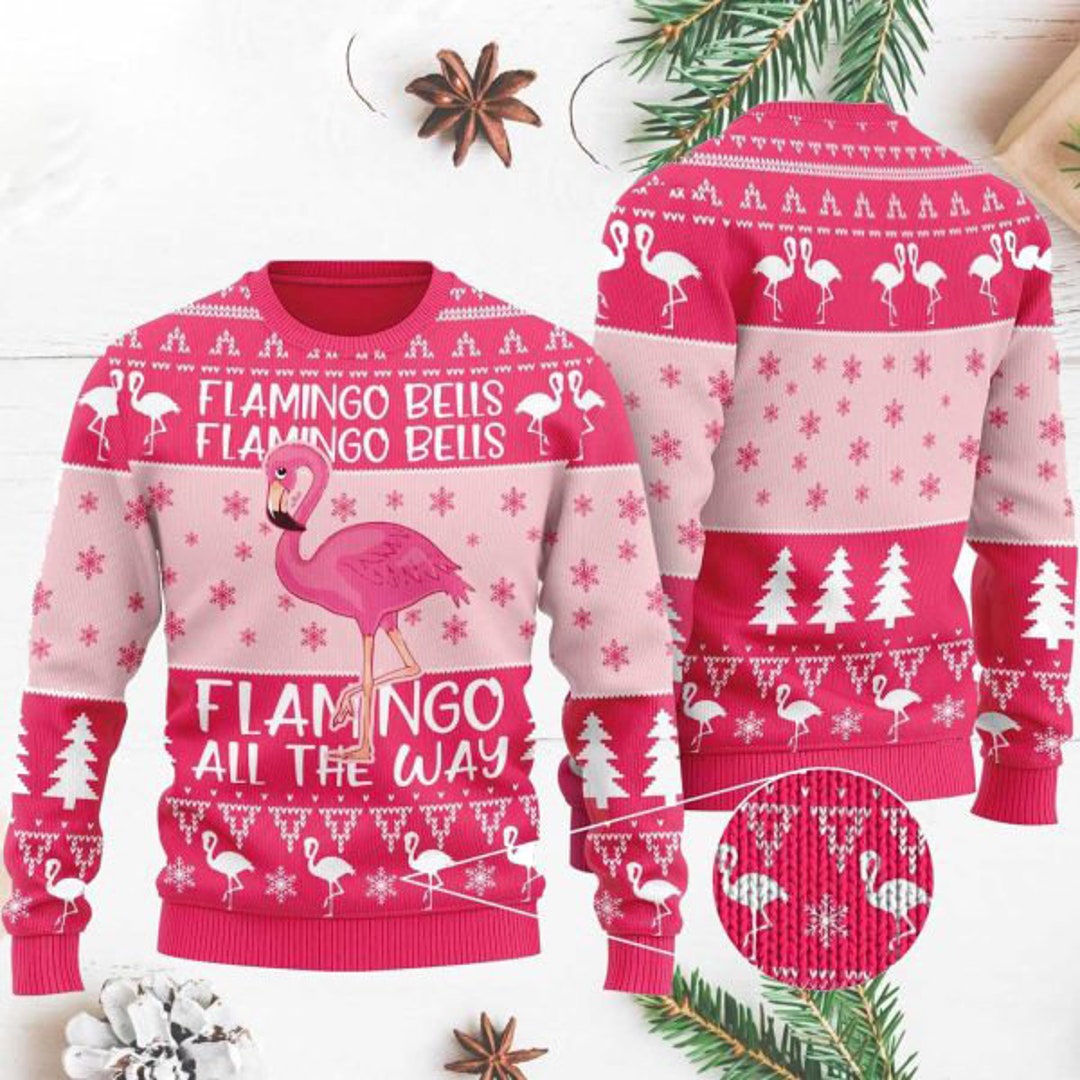 Flamingo Christmas Pink Ugly Sweater, Flamingo Bells Ugly Christmas ...