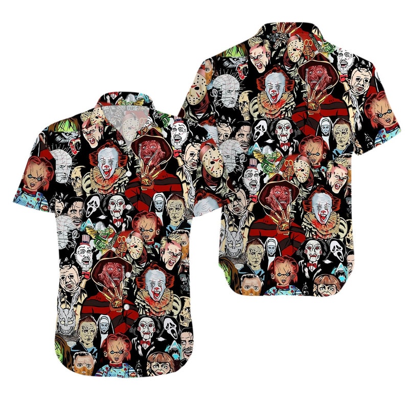 Horror Movie Retro Hawaii Shirt, Horror Movie Button Down Shirt, Horror Character Summer Shirt, Horror Gifts For Women Men image 1