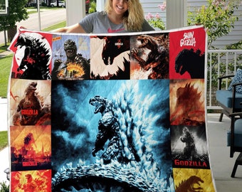 Godzilla Quilt Blanket, Godzilla All Version Fleece Blanket, Mink Sherpa Blanket, Monster Blanket, Godzilla Monster Blanket.