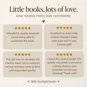 “Little books, lots of love” customer review graphic for Hello Starlight Studio photo keepsake books. Four five-star testimonials arranged on a cream background beneath gold stars.