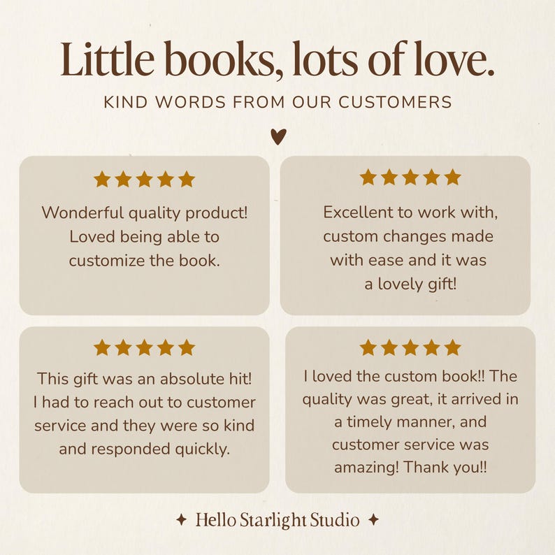 “Little books, lots of love” customer review graphic for Hello Starlight Studio photo keepsake books. Four five-star testimonials arranged on a cream background beneath gold stars.