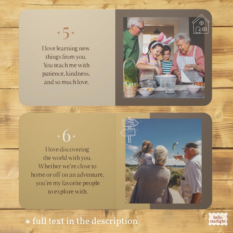 Two personalized grandparents book spreads about learning new things and exploring together. Family photographs are paired with messages from a grandchild on cream and mustard-colored pages.