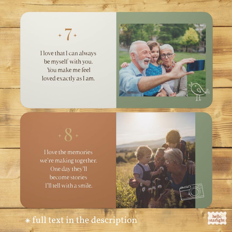 Grandparents photo board book spreads celebrating being loved as you are and making memories together. Family photographs accompany heartfelt text on cream and warm brown backgrounds.