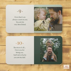 Peut inclure: Deux cartes rectangulaires aux coins arrondis pr&eacute;sentant des photos d'un enfant et d'un parent. La premi&egrave;re carte affiche le chiffre 9 et un texte sur l'amiti&eacute;. La seconde affiche le chiffre 10 et un texte sur un papa, avec une photo d'un enfant.