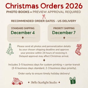 May include: An informational graphic titled Christmas Orders 2026 for photo books. It lists standard shipping deadline December 4 and priority shipping deadline December 7. Text includes instructions for photo submission and preview approval.