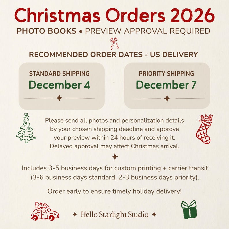 May include: An informational graphic titled Christmas Orders 2026 for photo books. It lists standard shipping deadline December 4 and priority shipping deadline December 7. Text includes instructions for photo submission and preview approval.