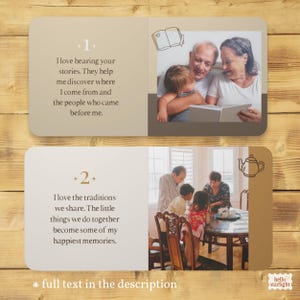 Two spreads from a custom grandparents photo board book, celebrating grandparents’ stories and shared traditions. Family photographs accompany messages from a grandchild on cream pages.