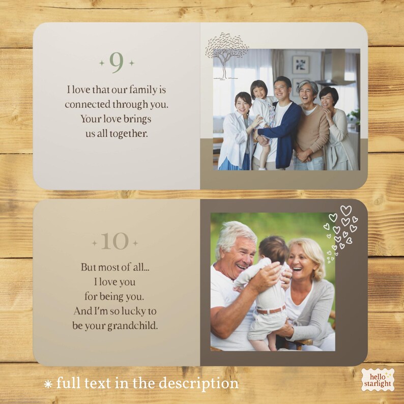 Final two spreads of “10 Things I Love About My Grandparents,” with family photographs and messages celebrating family connection and the joy of being their grandchild.